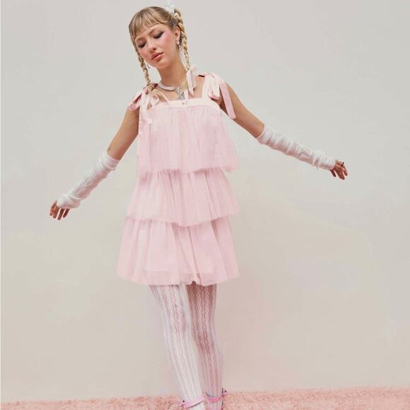 Cider Light Pink MESH U-NECKLINE TIERED BOWKNOT MINI DRESS Size XL NWT - Picture 1 of 12